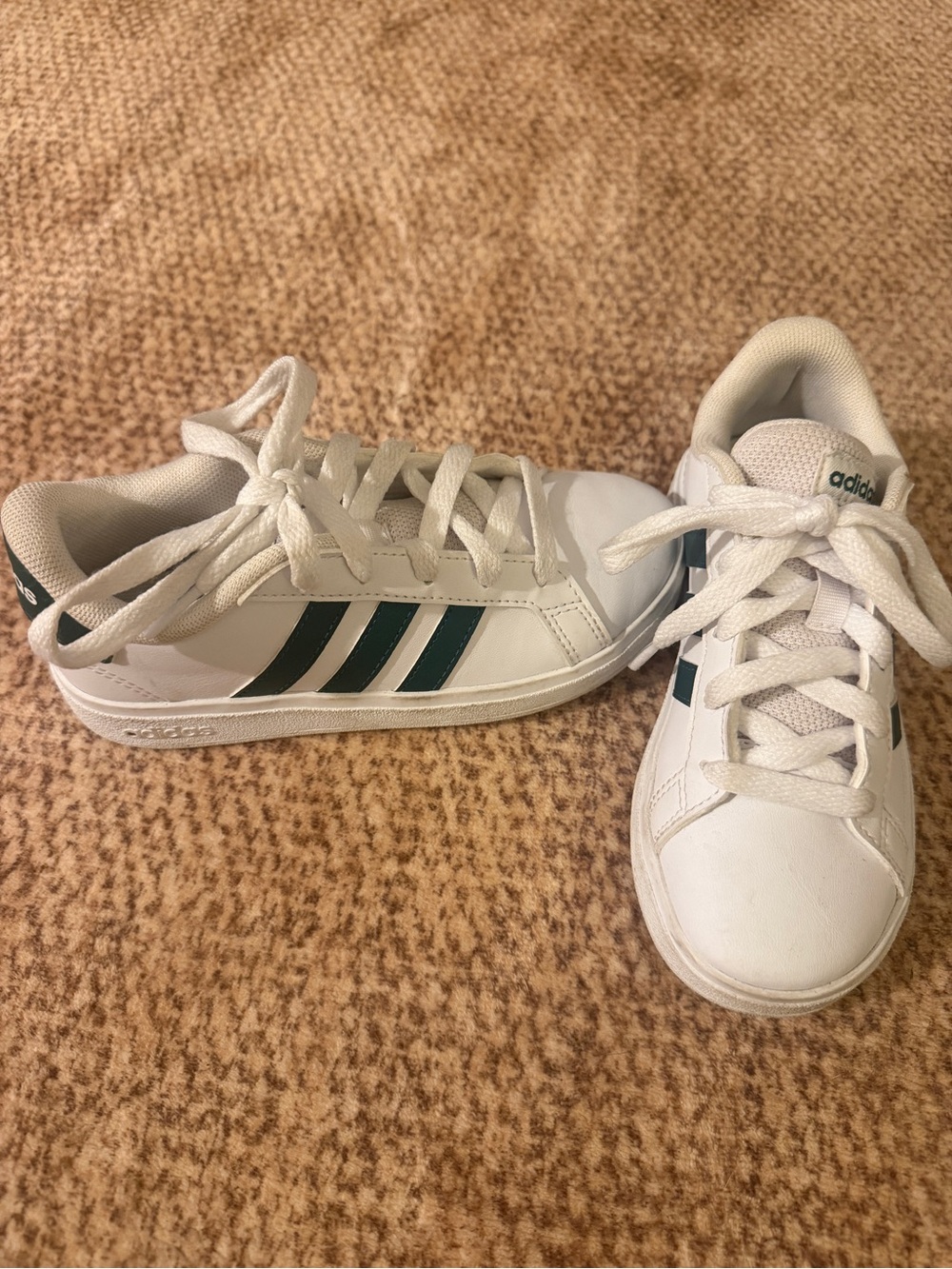 adidas Kids White Sneakers with Dark Green Stripes